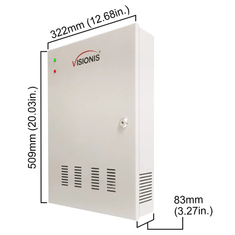 Four Door Pro Grade Access Control Panel With TCP IP Wiegand, metal enclosure, front view showing dimensions and lock, supports 20,000 users