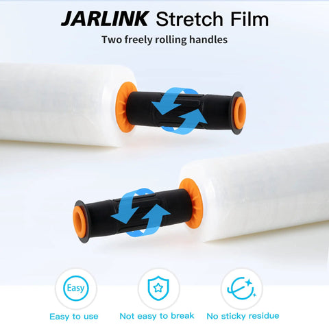 Close-up of industrial strength stretch film 15 inch by 1000 feet pallet wrap with handles heavy duty clear 60 gauge moving wrap 2 pack