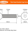 Diagram of Flat Head Hex Socket Cap Screws Built For Tough Jobs 10mm Diameter 30mm Length M10 One Point Five Pitch Countersunk Bolts