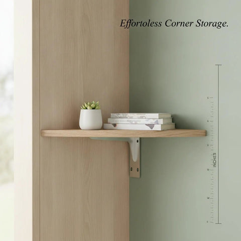 Installed Triangular Cold Rolled Steel Shelf Bracket, 5.5 by 5.5 inch corner support with wooden shelf and decor against wall.