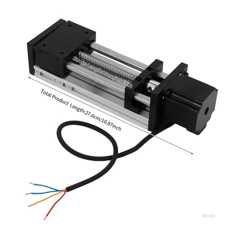 GGP ball screw linear actuator with NEMA 23 motor on aluminum rail and black end blocks; multi-color control cable