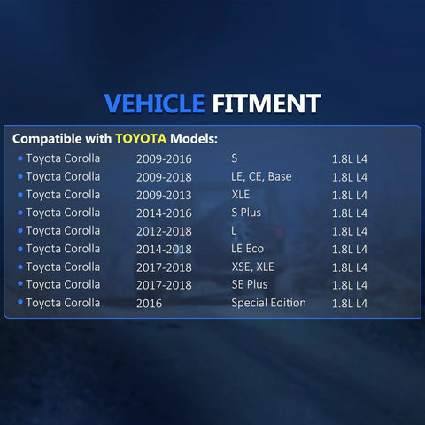 Vehicle fitment chart for Front CV Axle Shaft Assembly for Toyota Corolla 2009-2018, showing compatible models and specifications