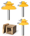 Pro Level 3 Piece 45 Degree Lock Miter Router Bit Set With Quarter Inch Shank and Heavy Duty Tungsten Carbide Cutters for Cabinets and Drawers, includes three bits and routed wood joints