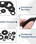 Rock Solid Nylon Flat Washers M6 6mm X 20mm X 1mm Thick Black Plastic Screw And Bolt Spacers, showing diverse sizes and smooth surfaces.