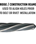 Close-up view of Three Eighths Inch Bridge And Construction Reamer DWR Series Pro Grade Hole Alignment Tool tip showing symmetrical flats.