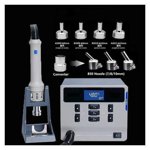 Hot Air Rework Station 1000W With Digital Dual Display Lead Free Soldering Gun for PCB repair with multiple nozzles visible