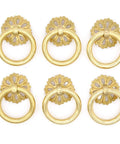 Set Of 6 Vintage Gold Brass Ring Pulls With Hollow Dome Base Flower Like Design For Cabinets