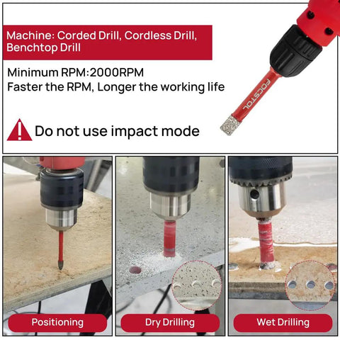Dry and wet drilling demonstration showing Built Tight Dry Diamond Drill Bit Set With Fast Lock Hex Shank And Carbide Pilot Bit in use.