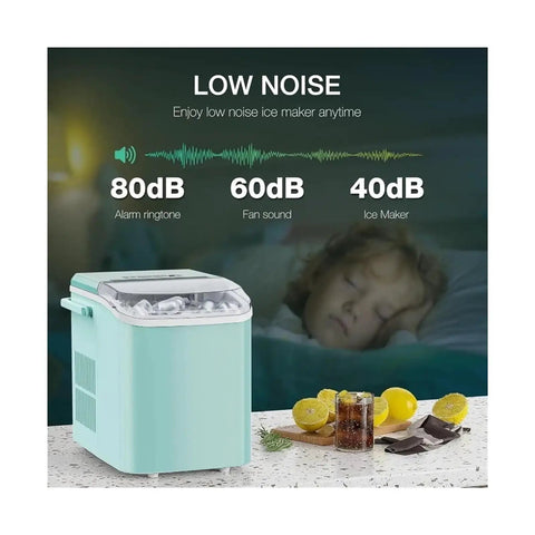 Countertop Ice Maker With Plug And Play Setup That Chills Drinks Fast Self Cleaning Mechanism beside a child sleeping.