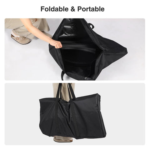 Person folding Portable Fire Pit Surround Tabletop for Solo Stove Bonfire Ranger into black carrying bag, highlighting portability.
