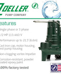 Waste Mate 267 Sewage Pump Half Horsepower Submersible Heavy Duty For Sewage Effluent Or Dewatering with features list