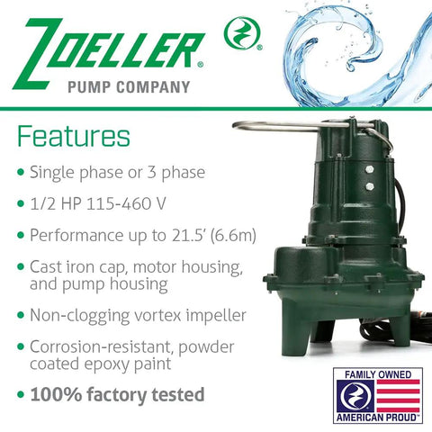 Waste Mate 267 Sewage Pump Half Horsepower Submersible Heavy Duty For Sewage Effluent Or Dewatering with features list