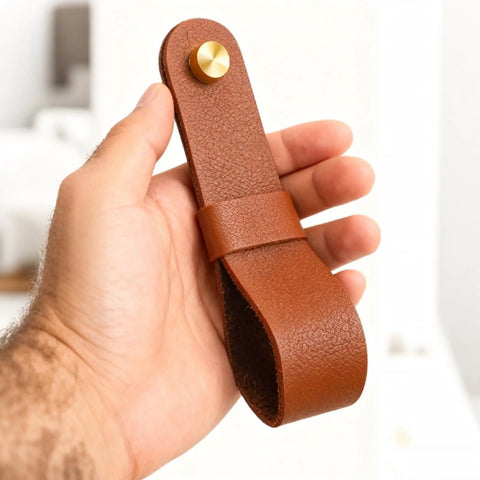 Six Piece Robust Leather Curtain Rod Holders With Universal Wall Mount Kits For Towel Bars And Fresh Home Decor Looks Featuring Zero Hassle Screws That Actually Deliver Top Shelf Quality, showing brown leather holder in hand.
