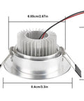 Pack Of 10 LED Color Changing Recessed Downlight Kit With Remote Control Easy Install 3W RGB Ceiling Light No Noise Or Flicker Wide Voltage AC 85 To 265V Dual Power Cords Cutout Diameter 2.67 To 3.30 Inches - Image showing dimensions and LED module in silver housing.