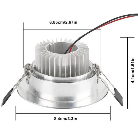 Pack Of 10 LED Color Changing Recessed Downlight Kit With Remote Control Easy Install 3W RGB Ceiling Light No Noise Or Flicker Wide Voltage AC 85 To 265V Dual Power Cords Cutout Diameter 2.67 To 3.30 Inches - Image showing dimensions and LED module in silver housing.