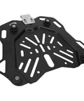 Rugged Carbon Steel Motorcycle Trunk Base Plate Rack Mount For 45L Storage Box, black steel with mounting holes.