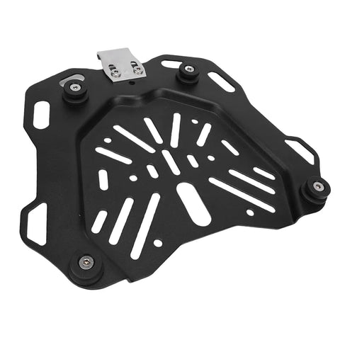 Rugged Carbon Steel Motorcycle Trunk Base Plate Rack Mount For 45L Storage Box, black steel with mounting holes.