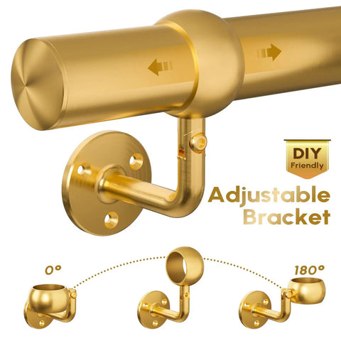 Legit Heavy Duty Six Foot Stair Handrail Kit Made From Tough 304 Stainless Steel With Badass Rust Resistant Build And Fly Gold Finish For Slick Wall Mount Railing Setup On Any Indoor Stairway - Gold adjustable bracket detail.
