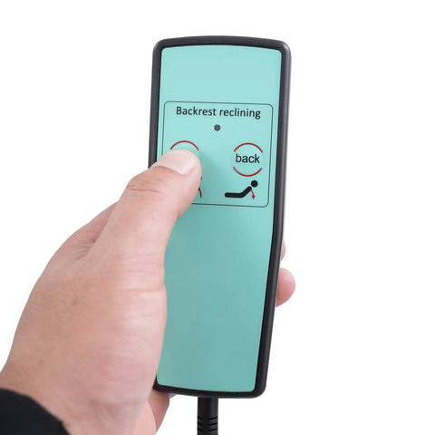 Hand holding a remote for Heavy Duty Electric Bed Backrest With Remote, 661 Pounds Capacity Adjustable Lifting Support Seat.
