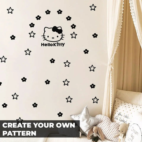 Cute Kids Room Removable Wall Decal Sticker Art 7x9 Inch Vinyl Peel And Stick with kitty and stars pattern on wall.