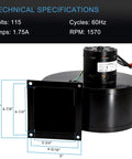 Technical specifications for Replacement PU-4C447 Convection Blower for Englander Pellet Stoves 2002 to present with sealed bearing system
