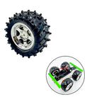 4 Pack RC Car Wheels With Metal Shafts Fits 3mm Axles, Plastic tire wheel and mounted on RC chassis with green supports