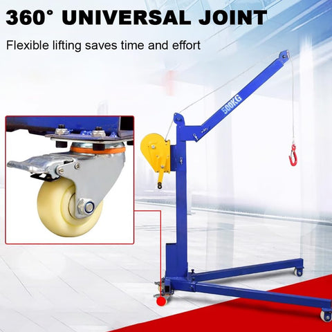 Heavy Duty Manual Crane Workhorse With Swivel Caster Wheels And Self Locking Winch shows a 360° universal joint and caster wheel.