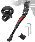 Adjustable Bicycle Kickstand With Built In Bike Bell for 22, 24, 26 inch kids bikes and MTB road and mountain rides, shown with tools
