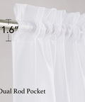 Close-up of dual rod pocket on white sheer curtains 63 inch long for bedroom and kids room, lightweight voile drapes, OEKO-TEX certified.