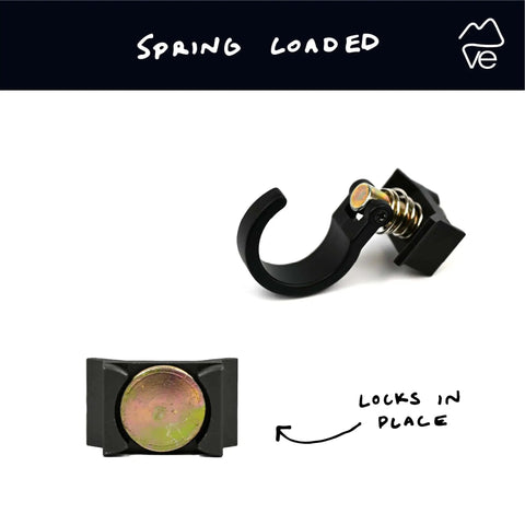Spring Loaded L-Track Gear Hook Set, Adjustable Base, Heavy-Duty 100 lb Break Strength, 25 lb Working Load, Carbon Steel With Anodized T6 Aluminum Base, Black, Pack of 2