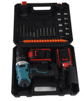 Heavy Duty Cordless Electric Drill Kit With Two 21V Lithium Batteries And Quick Swap Chuck in a black case with drill and accessories.