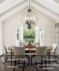 Farmhouse Orb Chandelier With 4 Lights, Handmade Distressed Wood And Rusty Metal Fixture, Dining Room Setting View