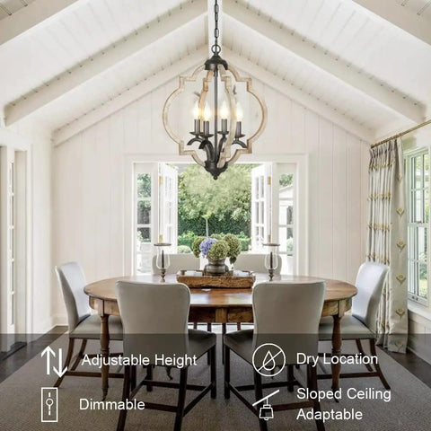 Farmhouse Orb Chandelier With 4 Lights, Handmade Distressed Wood And Rusty Metal Fixture, Dining Room Setting View
