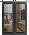 Sturdy Double Barn Door With Clear Glass Matte Black Finish, Heavy Duty Stainless Steel 13 Foot Rail Track System With Hangers
