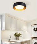 Modern Black And Gold Flush Mount Ceiling Light With Glass Drum Shade Close To Ceiling Round Fixture in laundry room