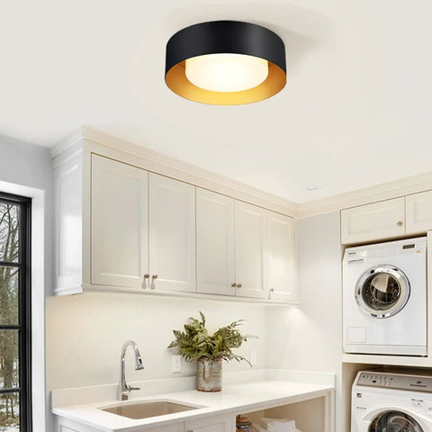 Modern Black And Gold Flush Mount Ceiling Light With Glass Drum Shade Close To Ceiling Round Fixture in laundry room