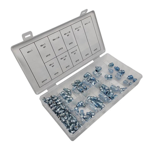 115 Piece Grease Nipple Fittings Set With Straight 90 Degree And 45 Degree Angles In M6 M8 M10 Threads in open plastic case