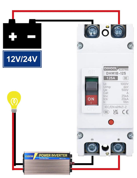 Heavy Duty 125 Amp DC Circuit Breaker And Battery Disconnect Switch For Solar Systems And UPS featuring wiring illustration and inverter.