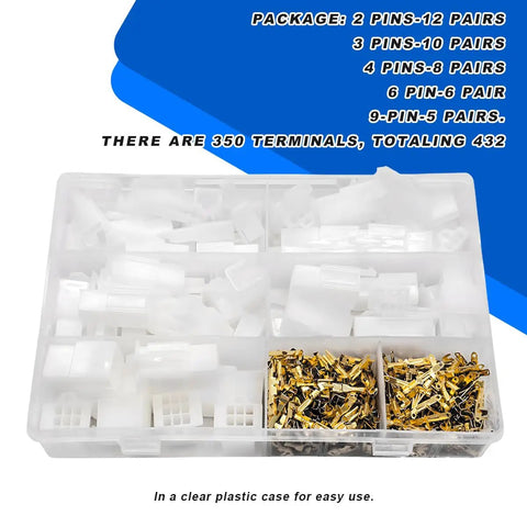Electrical Wire Connectors Kit With 432 Pieces For Motorcycle Car Boat 2.8mm in clear plastic case showing connectors and terminals.