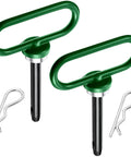 Two Pack Magnetic Trailer Hitch Pins With Handle And Clip 1/2 Inch For Lawn Mowers ATVs And Trailers For Easy One Hand Hook On And Off Heavy Duty 1500 Lb Magnetic Pin Green, showing green handles and metal clips.