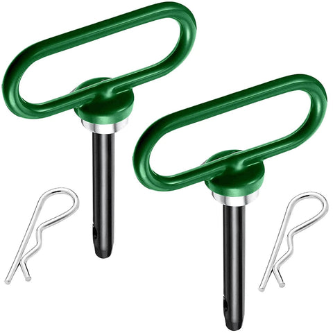 Two Pack Magnetic Trailer Hitch Pins With Handle And Clip 1/2 Inch For Lawn Mowers ATVs And Trailers For Easy One Hand Hook On And Off Heavy Duty 1500 Lb Magnetic Pin Green, showing green handles and metal clips.