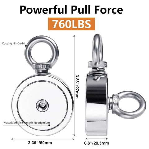 VNDUEEY 760-lb ring magnet with eye bolt, chrome finish, 60mm diameter