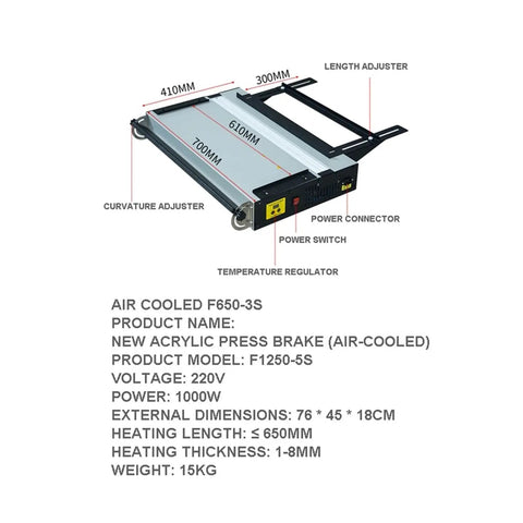 Zero Drama Acrylic Heat Bender For Pvc And Plastic Sheet Forming Adjustable Temperature Circulating Cooling Setup Rock Solid 650Mm Angle Guide Smooth Operator Machine with dimensions and features labeled.
