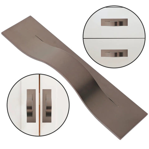 Modern Orb Finish Invisible Cabinet Drawer Pull Handle For Kitchen And Bath, 64mm Center To Center, shown on white cabinet.