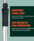 Butane Soldering Iron Kit With Self Ignition, Adjustable Flame Up To 2372 F, showing temperature and flame adjustment features.