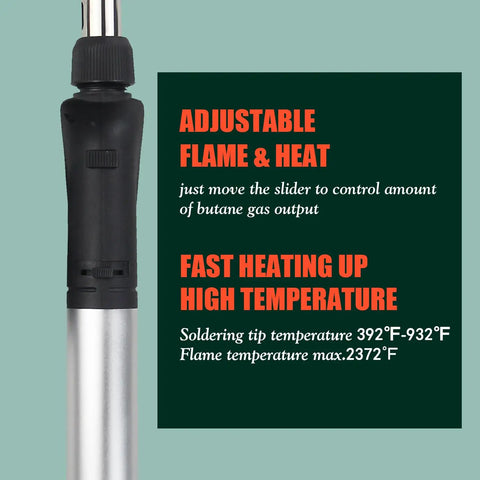 Butane Soldering Iron Kit With Self Ignition, Adjustable Flame Up To 2372 F, showing temperature and flame adjustment features.