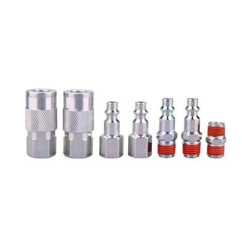 Heavy Duty Industrial One Quarter Inch NPT Air Tool Coupler And Plug Kit 7 Piece Set Zinc Plated Steel 300 PSI Max in line view