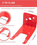 Heavy Duty Fire Extinguisher Wall Mount Bracket for 5 to 13 lbs extinguishers with 1 to 1.25 inch valve slots, red metal.