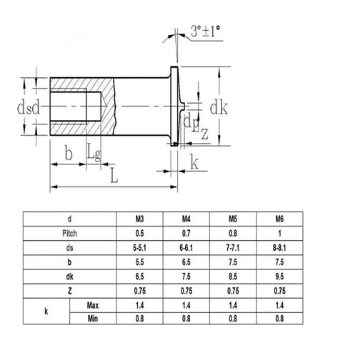 Built Tough Heavy Duty Carbon Steel Copper Plated Spot Weld Studs And Nuts For Pcb Led Smt Mounts M3 M4 M5 M6 dimensions diagram