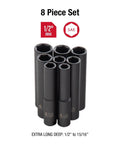 Beefy One Half Inch Drive Impact Socket Set, Extra Long Deep, Eight-Piece, SAE, From One Half To Fifteen Sixteenths, Cr-Mo Alloy Steel